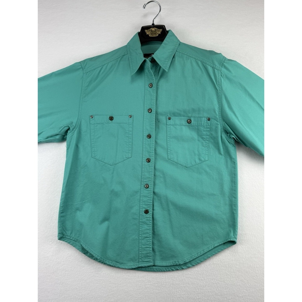 Harley Davidson Shirt Womens M Teal Button Up Back Graphic Motorcycle Logo